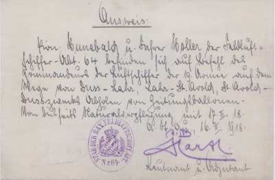 greres Bild - Ausweis Dienstfahrt  1918