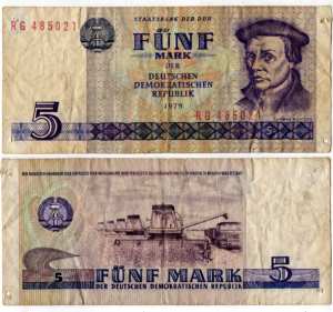 enlarge picture  - money banknote GDR 5,- Mk